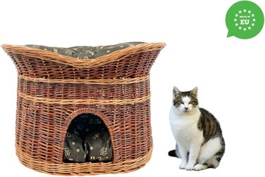 Корзина для котів, лежанка для котів - будиночок для котів, розмір 70 см, овал, кошик з лози, двоярусна лежанка для собак або котів з пральними подушками сірого кольору, лакована корзина (XL, темно-коричневі подушки)