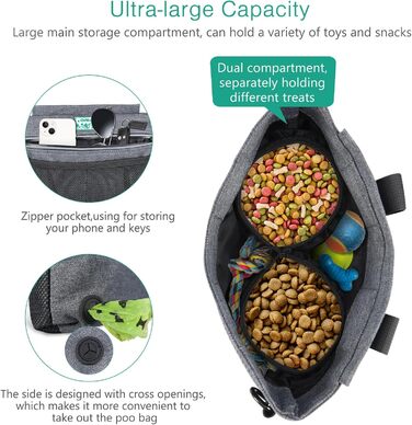 Сумка для корму для собак ORIA, переносна сумка для тренувань, з магнітним закриттям, регульований ремінь та диспенсер для відходів, преміум-якість - сіра