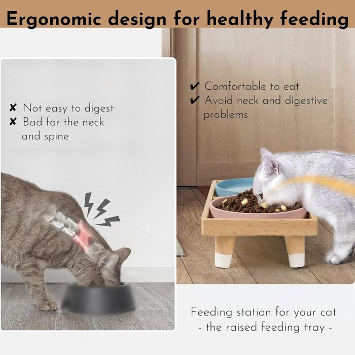 Підвищена годівниця для котів JAZUIHA з 2 широкими мисками, станція для годування з дерев'яною підставкою та силіконовою мискою, діаметр 18 см