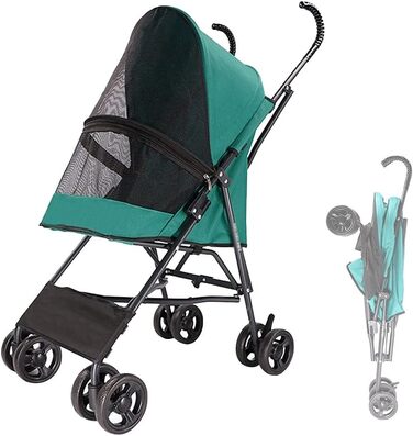 Легкий візок для собак та котів до 10 кг, чорний/зелений, з регульованим дашком