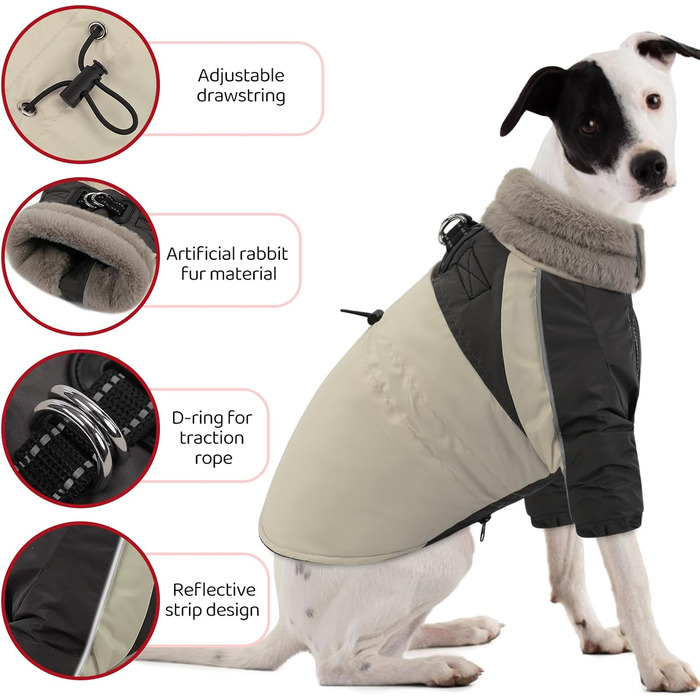Зимовий одяг для собак, водонепроникний та вітронепроникний з отвором для повідка, для малих, середніх та великих собак, світловідбиваюча куртка з захистом живота, бежевий