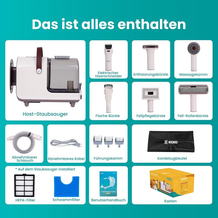 Машинка для стрижки собак HICHEE з пилососом, 13 kPa, професійний набір для грумінгу домашніх тварин, тиха машинка для собак та котів, 6 інструментів