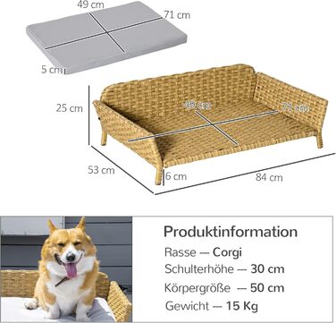 Лежак для собак і котів PawHut, ротанг, з подушкою, плетене підвищене ліжко для маленьких і середніх собак, котів, жовтий, 84x53x25 см, для вулиці і дому