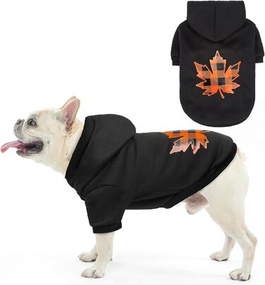 Теплий флісовий светр для собак SCENEREAL з капюшоном, чорного кольору, з принтом листя клена, розмір S. Підходить для холодної погоди та як костюм на Хелловін.