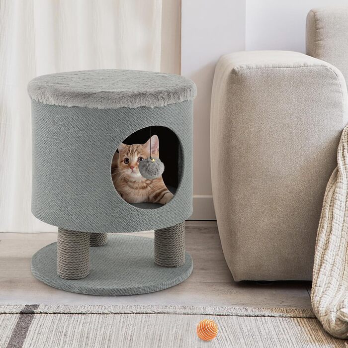 Котячий будиночок SOARS з дряпальною колоною, кігтеточка, кігтешкребок для котів, сізого кольору, 40x40x47 см