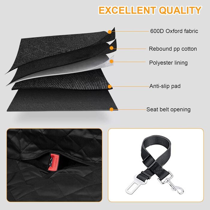 Захист для заднього сидіння авто для собак, водовідштовхувальний, з кріпленням для ременів безпеки, чорний
