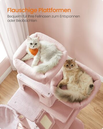 Когтеточка для котів Feandrea, 168 см, велика, з 13 когтеточковими стовпами, 2 платформами, 2 будиночками, гамаком, м'ячиками, PCT165W01, пастельно-рожевий