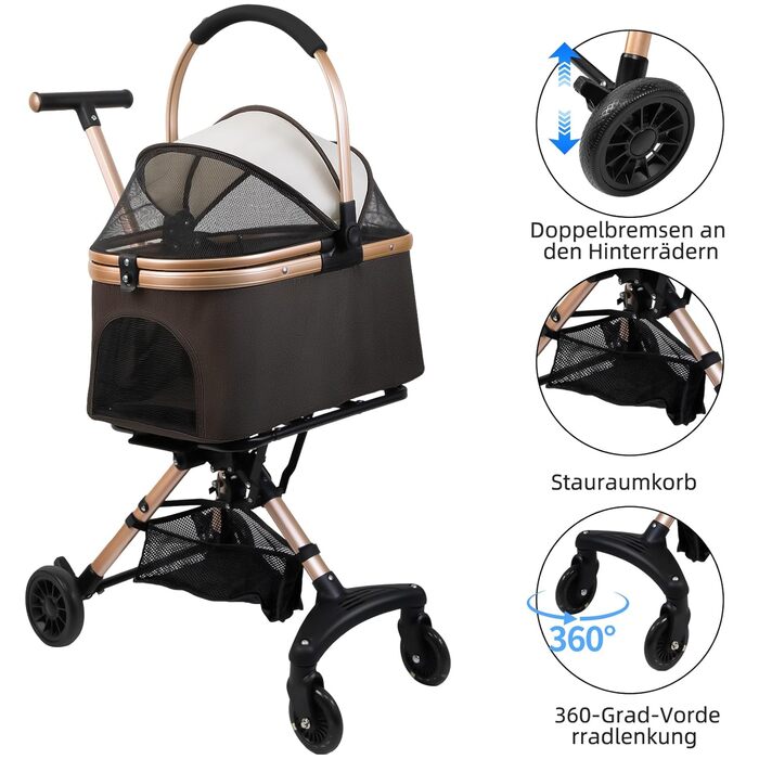 Візок для собак 3 в 1, складаний, для маленьких собак та котів, знімний кошик, візок-стільчик для дітей, сітка, оксфордська тканина, до 20 кг (Темно-зелений) (Кавово-коричневий)