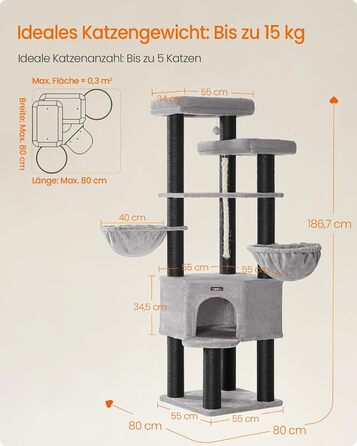 Кігтеточка Feandrea для котів, велика, багатоярусна, XXL, 55 x 55 x 186,7 см, товщина сизалю 11 см, для великих порід котів (Мейн-кун), сіро-чорна, артикул PCT008G02
