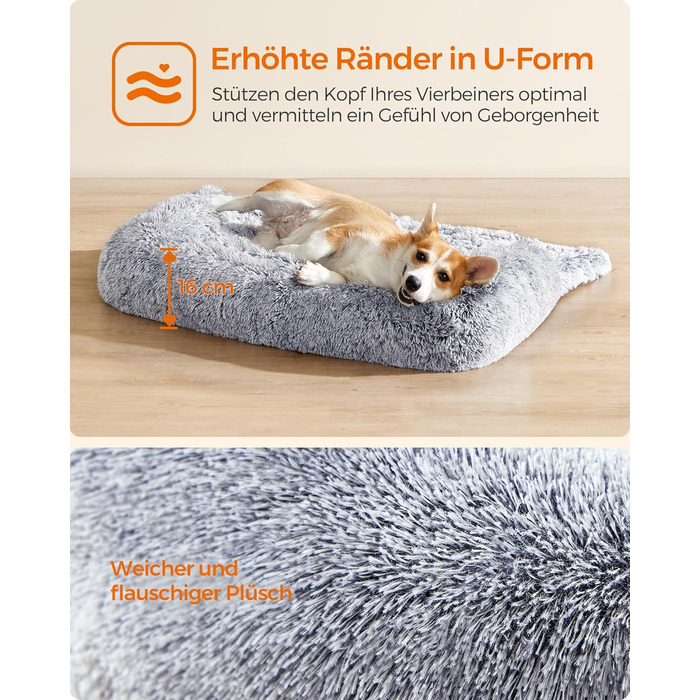 Ліжко для собак Feandrea FluffyHug, м'яка підстилка, захист дивану, подушка, розмір L, для середніх собак, 95 x 85 x 16 см, Ombré Grey PGW222G01