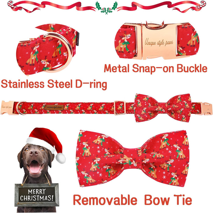 Нашийник для собак Unique Style з знімною метеликом, для малих, середніх та великих собак, регульований XXS-XL (S (1 шт), Олень на Різдво)