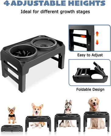 Підвищений годівниця для собак, регульована висота, повільний годівник та миска для води без обливання, набір, миска для корму для собак, миска для води для великих, середніх та маленьких собак, котів та домашніх тварин, чорний