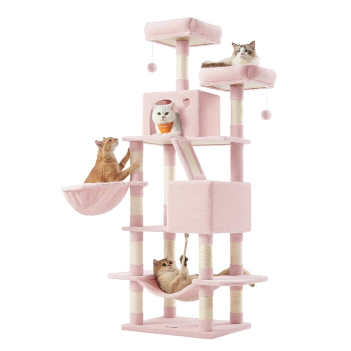 Когтеточка для котів Feandrea, 168 см, велика, з 13 когтеточковими стовпами, 2 платформами, 2 будиночками, гамаком, м'ячиками, PCT165W01, пастельно-рожевий