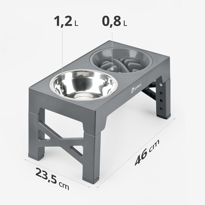 Підвищений годівниця для собак Petace з нержавіючої сталі, 2x1.2L та 0.8L, миска для води без обливання, 5 рівнів висоти, сірий