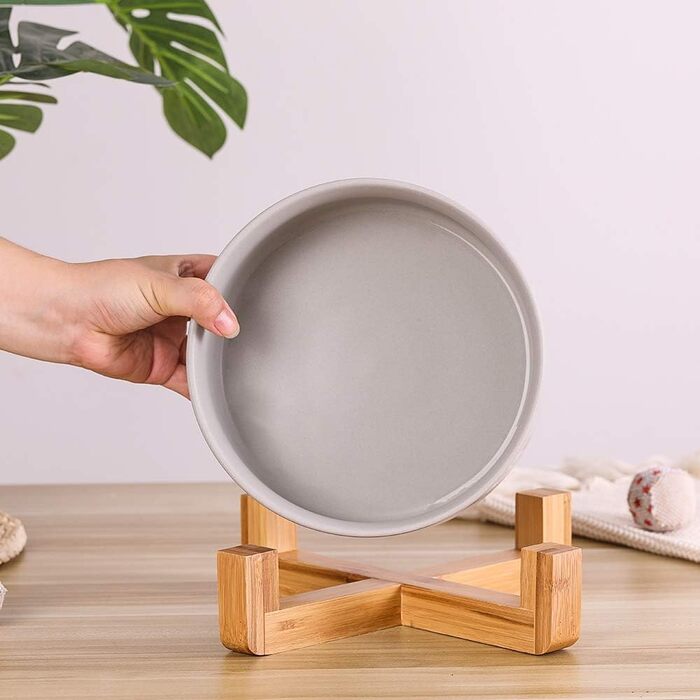 Миска для собак з кераміки з бамбуковим тримачем, сірого кольору, 20,5 см