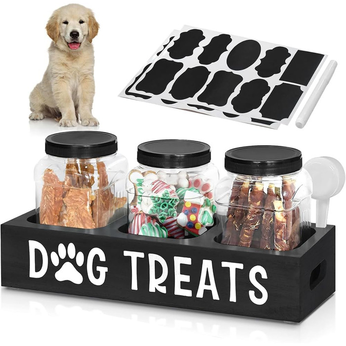 Контейнер для ласощів для собак Niciksty, дерев'яний контейнер для корму з 3 скляними банками, контейнер для корму для собак та котів, чорний