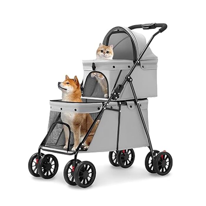 Складаний візок для собак на 2 яруси, переноска для домашніх тварин до 24 кг, візок для собак з сітковими віконцями, ремінь безпеки, 4 колеса, складаний візок для котів та маленьких собак (сірий)