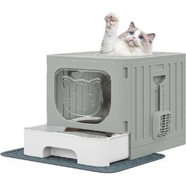 YITAHOME велика закрита котяча туалет з кришкою, без запаху, з висувним лотком і совком, складна, сіра
