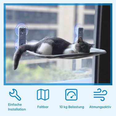Кішка ліжко на вікно BnbnPup Fensteriege – гамак для котів з міцними присосками до 18 кг, знімний та перевертаний чохол, Fatbar & Stabi (Сірий, L)