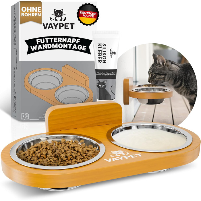 Підвісний годівниця для котів VAYPET® з нержавіючої сталі, білий дуб, без свердління