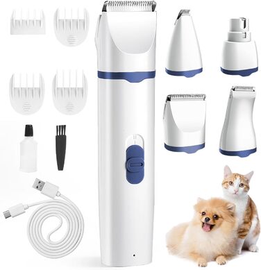 Airminti 4-в-1 Безшумна машинка для стрижки шерсті котів, USB-зарядка, 4 змінні насадки, машинка для собак, для догляду за очима/вухами/лапами/нігтями (Блакитна)