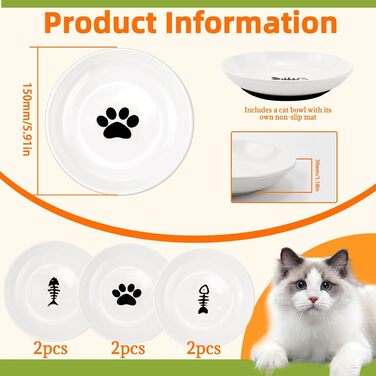 Набір мисок для котів GMMG, 6 шт. з кераміки, плоскі, для корму, миски для котів