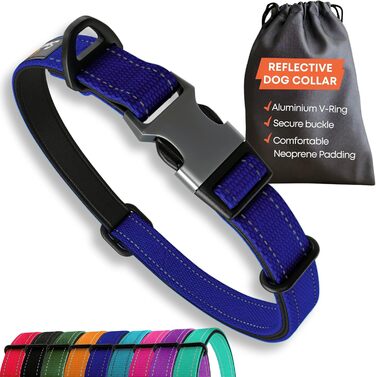 Нашийник для собак великих порід, світловідбиваючий, з підкладкою, регульований, з металевою застібкою, алюмінієве кільце (L, блакитний)
