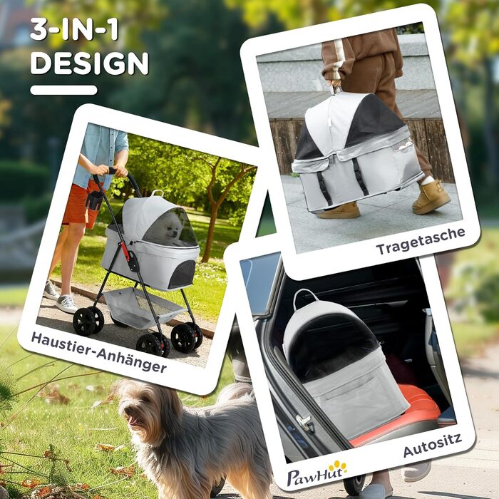 PawHut Візок для собак і котів 3 в 1, складний, до 4 кг, сірий