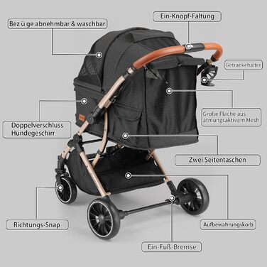 Візок для собак EchoSmile, складний, до 20 кг, для маленьких та середніх собак та котів, з поворотним ручкою, амортизацією та знімним чохлом (чорний)