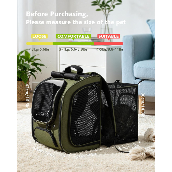 Пек'ют Рюкзак для кота Bubble з сітчастим вікном, переноска для тварин, розширювана, темно-зелений (L 32 x B 26 x H 42 см)