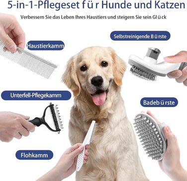Набір щіток для собак, 5 шт., для догляду за шерстю, самоочищувані, для великих та середніх собак, котів та дрібних тварин, ідеально підходить для довгої та короткої шерсті, зменшує випадання шерсті (сірий)