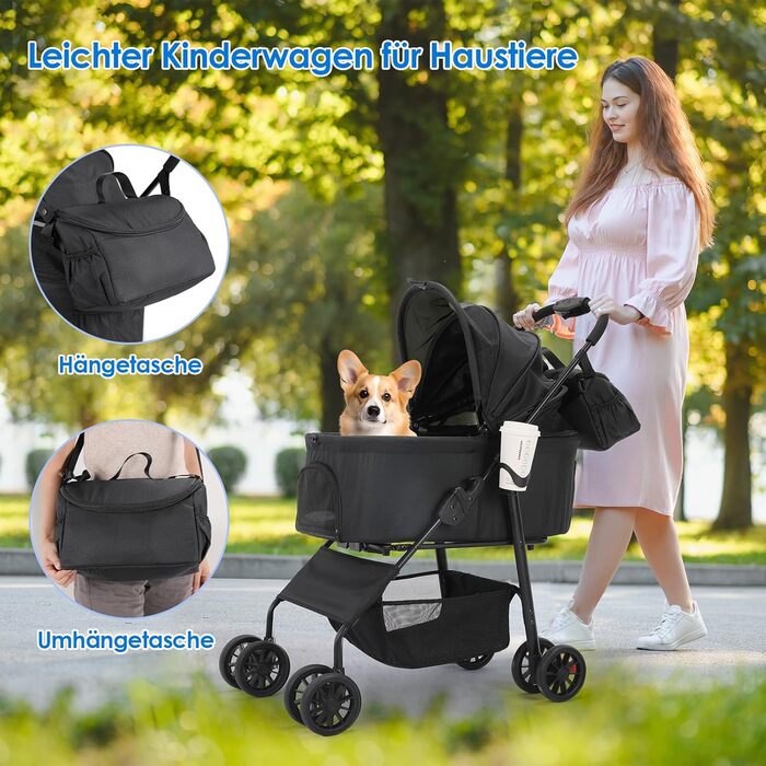 Візок для собак Mamizo 3-в-1, до 30 кг, з сумкою, для малих/середніх собак і котів, чорний, тканина Леїнен