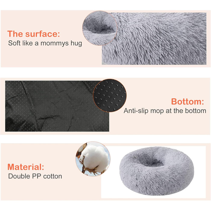 Кругле ліжко для собак OKPOW Donut: м'яке, затишне, антистрес для маленьких собак та котів, Ø60 см, світло-сірий