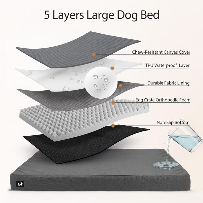 Ортопедичне собаче ліжко Sytopia з тканини для яхт для великих та середніх собак, підходить для дому та вулиці, водонепроникне та миється, знімний чохол, неслизьке дно, розмір 107 x 76 x 8 см, сірий колір