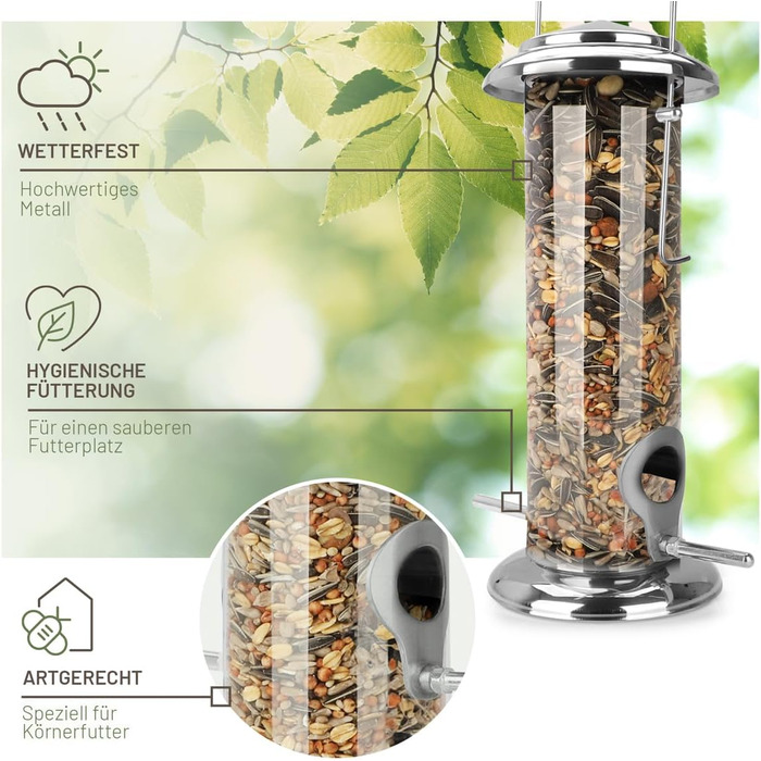 Годівниця для птахів Wildtier Liebe, зелена - з нержавіючої сталі, годівнична колонка, годівничий силос для диких птахів, цілорічне годування (23,5 см, срібло)