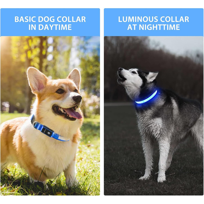 Світлодіодний нашийник для собак Leuchthalsband PcEoTllar, вологостійкий, 7 кольорів, 8 режимів, регульований, для маленьких та великих собак, синій, 28-40 см