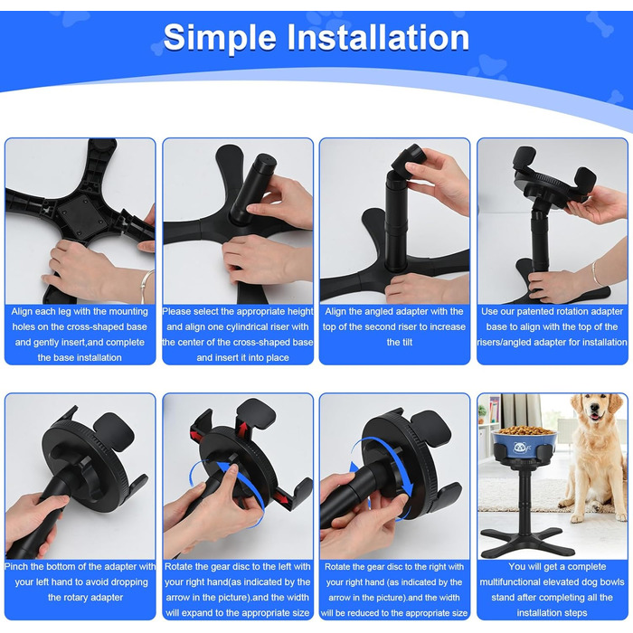 Підвищений годівниця для собак на підставці з нержавіючої сталі, 3 регульовані висоти, годівниця з ABS-пластику для маленьких/середніх/великих собак, неслизька (чорний-L) Для середніх та великих собак