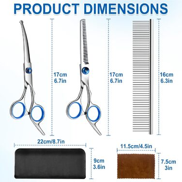 Набір професійних ножиць для собак 5-в-1: вигнуті ножиці з круглою кінцівкою, гребінець для розплутування, титанове покриття, для собак, котів та інших тварин