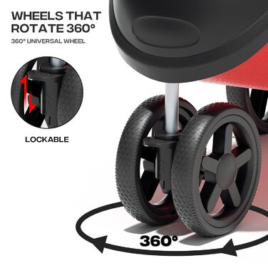 Візок для тварин: для собак та котів, 3 колеса, складний, з кошиком та тримачем для напоїв (червоний)