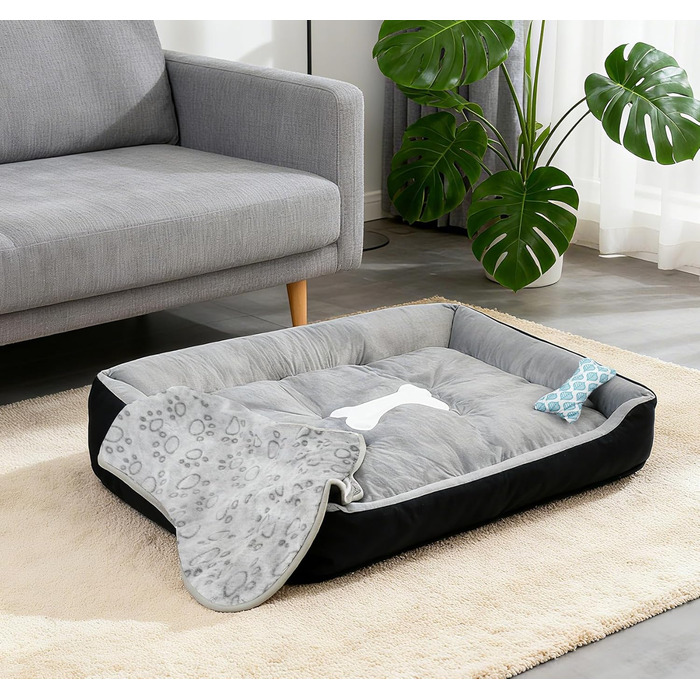 Ліжко для собак 90x70 см з подушкою у вигляді кістки та легкою ковдрою, м'яке диванчик для собак середніх порід з короткого хутра, миється, кошик для собак з неслизьким дном
