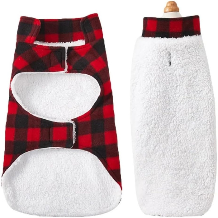 Зимовий теплий одяг для собак: флісова куртка, в перевернутому дизайні, в клітинку, для маленьких, середніх та великих собак (S), червоний