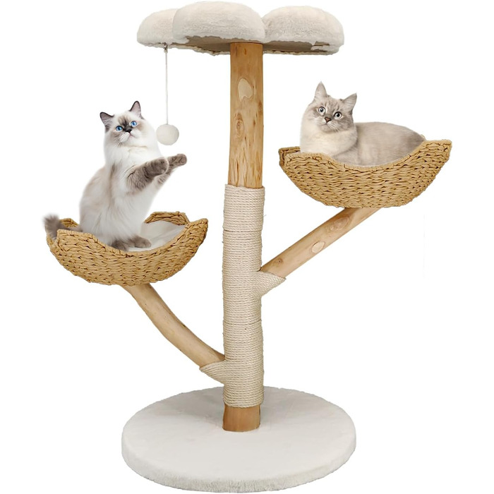 Кігтеточка BingoPaw Modern для котів: дерев'яна кігтеточка 111 см з 2 кошиками з лози, сизалевим стовпом, платформою та плюшевим м'ячиком. Велика кігтеточка-вежа для кількох котів.