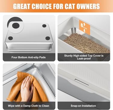 Квітковий горщик Erinaik для котів, нержавіюча сталь, з кришкою, XL, великий, для великих котів, металева, високі бортики (білий)