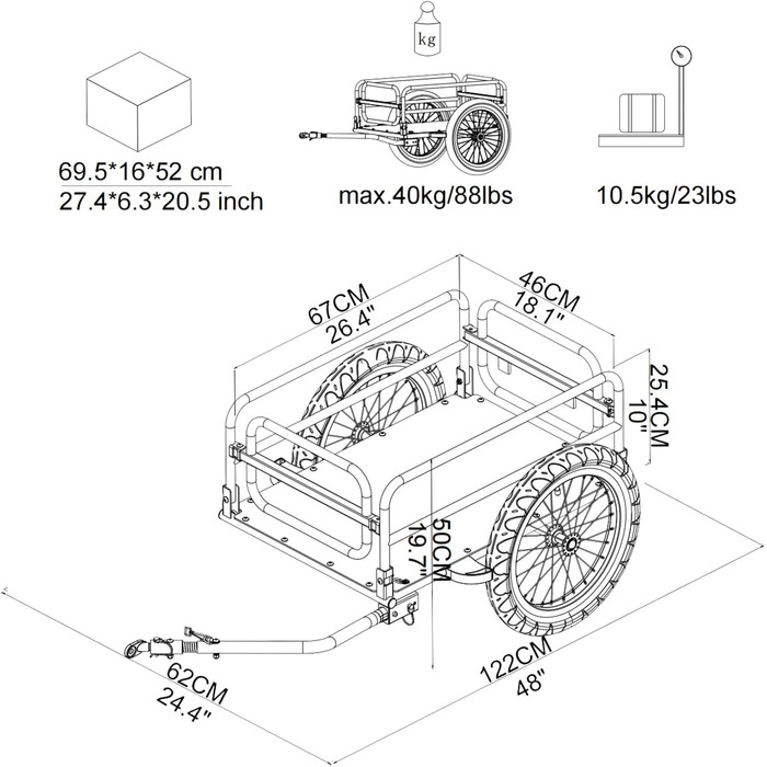Складаний вантажний причіп Tiggo для велосипеда, об'єм 70 літрів, вантажопідйомність 40 кг