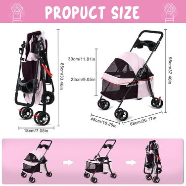 Дитяча коляска для домашніх тварин на 4 колесах для собак та котів, складана, з тримачем для напоїв, дихаючим сітковим вікном, портативна переноска для тварин (Рожева)