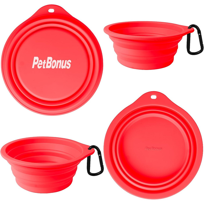 Складані годівниці для собак PetBonus (2 шт.) - силіконові миски для води та корму для собак, котів, в дорогу, з карабіном (1000 мл, чорний, червоний)