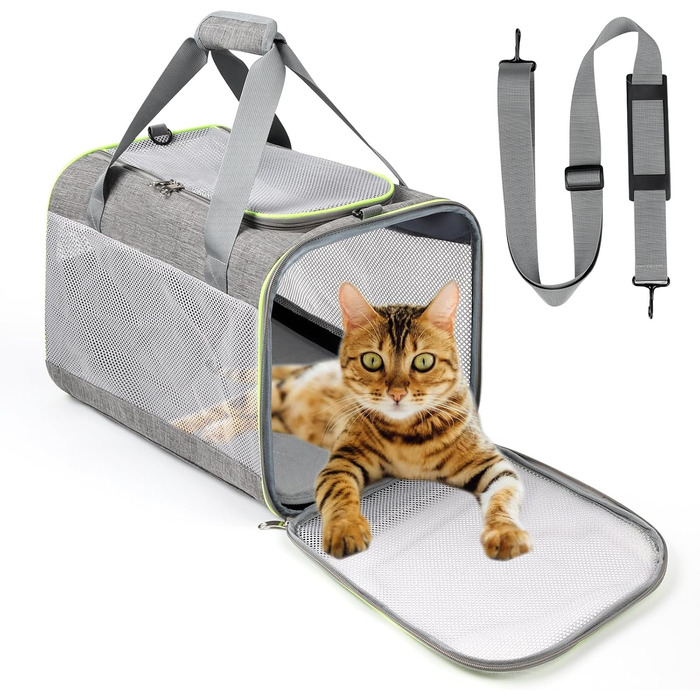 Транспортний бокс для котів Lannvan, до 6,5 кг, складний, з підстилкою, для собак та котів, дихаючий, для подорожей, авто, до ветеринара (45x30x30 см, сірий)