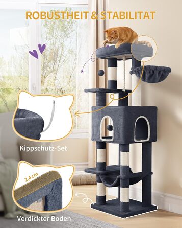 Дерево для котів Hzuaneri Kratzbaum 149 см з 5 стовпчиками для шліфування, платформами, печереєю, багатоярусне котяче ігрове дерево, помпонами, MS14918LG (темно-сірий)