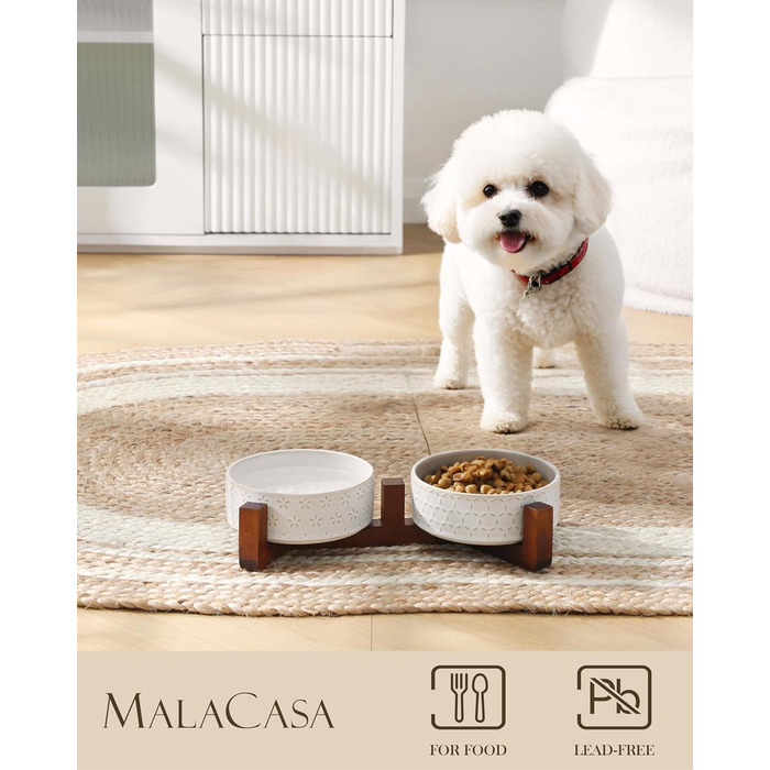 Миска для собак Malacasa з підставкою з горіхового дерева, 450 мл, подвійна миска для собак та котів, для корму та води, неслизька підставка, візерунок у вигляді п'ятипелюсткового клеверу та соти, 450 мл * 2