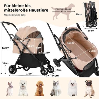 Візок для собак та котів MAMIZO, складаний, до 20 кг, рожевий